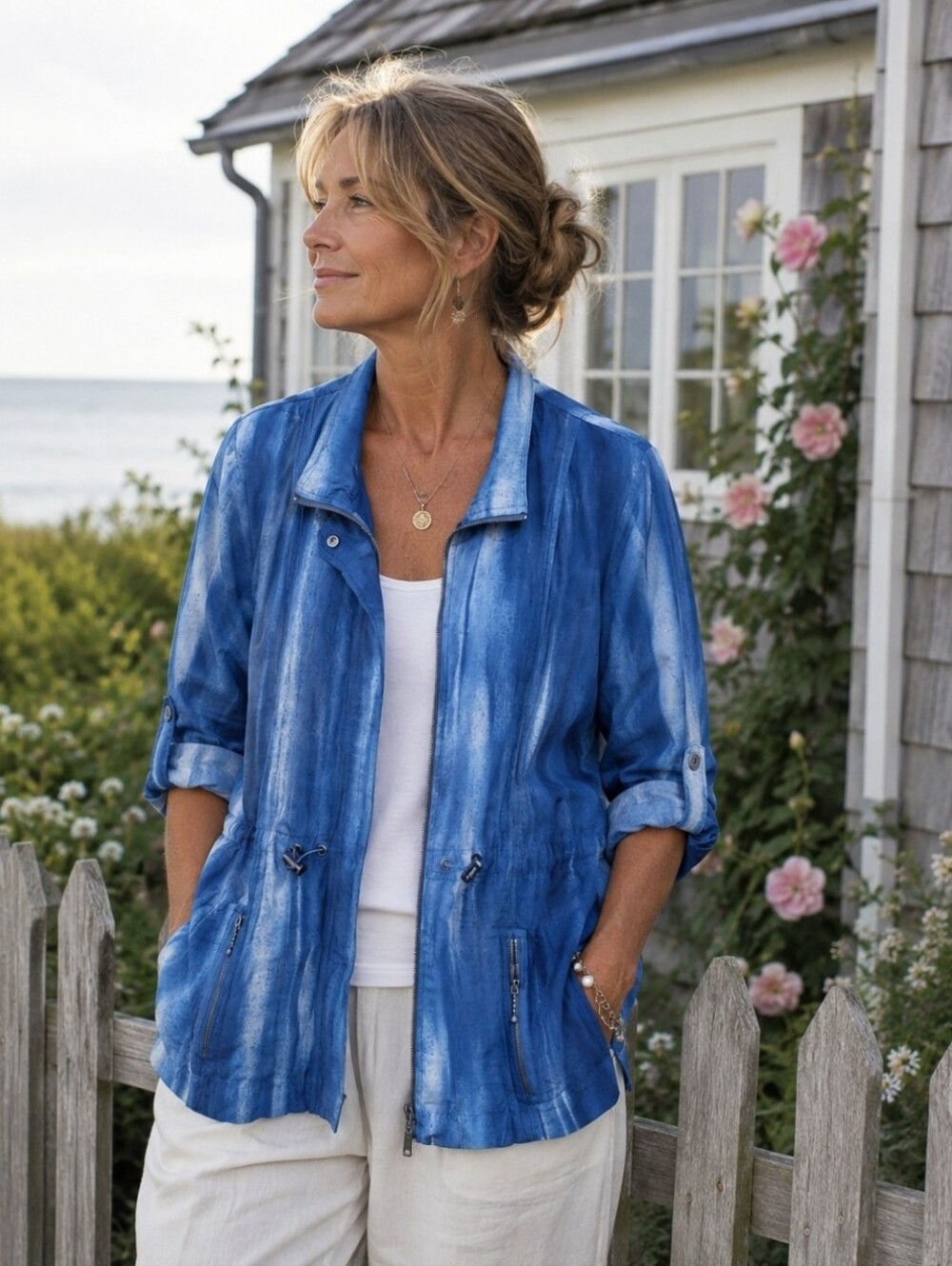 Chico's Artzie Blue Watercolor Lightweight Zip Rolled Tab Sleeve Jacket Large